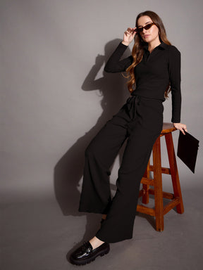 Black Rib Polo Neck Top Drawstring Pants-SASSAFRAS BASICS