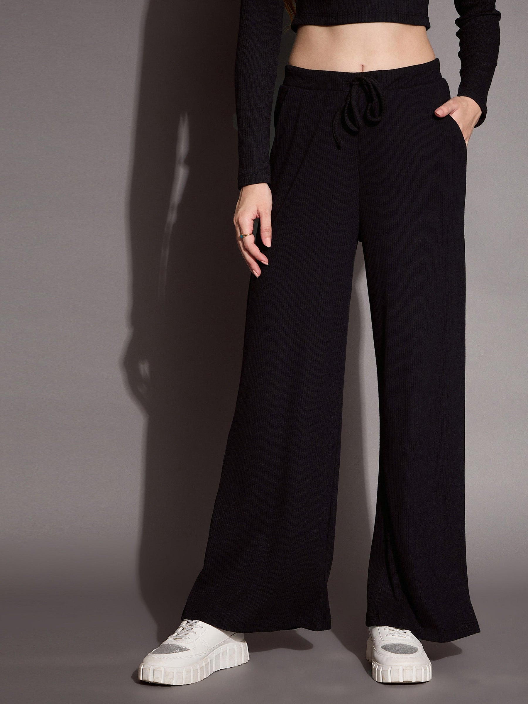 Black Rib Polo Neck Top Drawstring Pants-SASSAFRAS BASICS