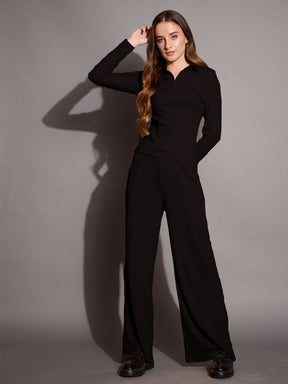 Black Rib Polo Neck Top Drawstring Pants-SASSAFRAS BASICS