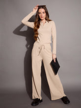 Beige Rib Polo Neck Top With Drawstring Pants-SASSAFRAS BASICS