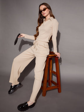 Beige Rib Polo Neck Top With Drawstring Pants-SASSAFRAS BASICS