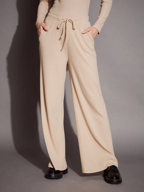 Beige Rib Polo Neck Top With Drawstring Pants-SASSAFRAS BASICS