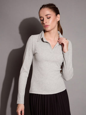 Grey Melange Rib Polo Neck Top-SASSAFRAS BASICS