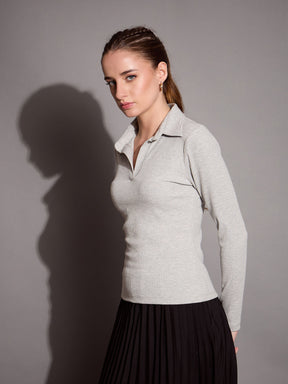 Grey Melange Rib Polo Neck Top-SASSAFRAS BASICS