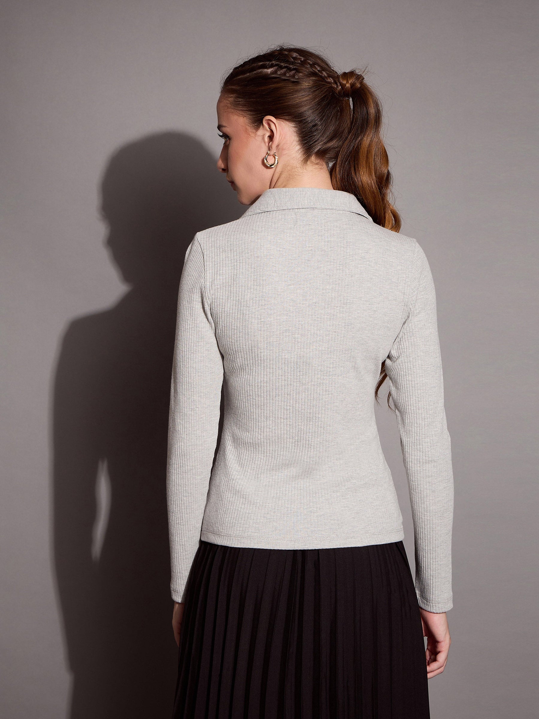 Grey Melange Rib Polo Neck Top-SASSAFRAS BASICS