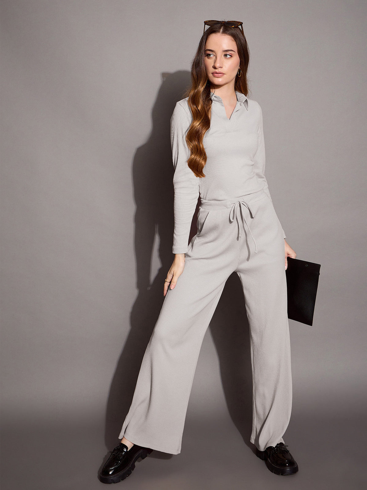 Grey Melange Rib Polo Neck Top With Drawstring Pants-SASSAFRAS BASICS