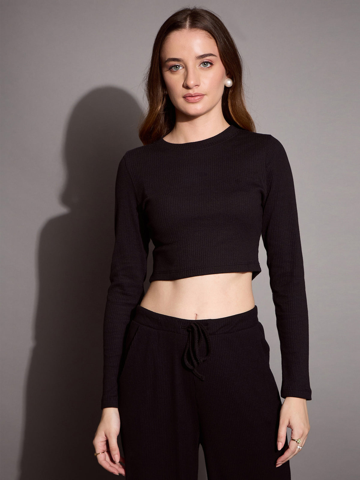 Black Rib Full Sleeve Crop Top -SASSAFRAS BASICS