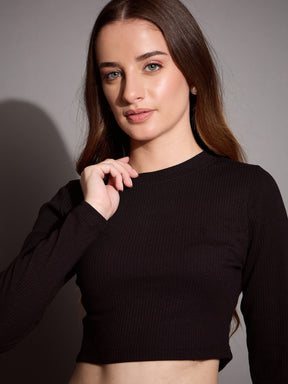 Black Rib Full Sleeve Crop Top -SASSAFRAS BASICS