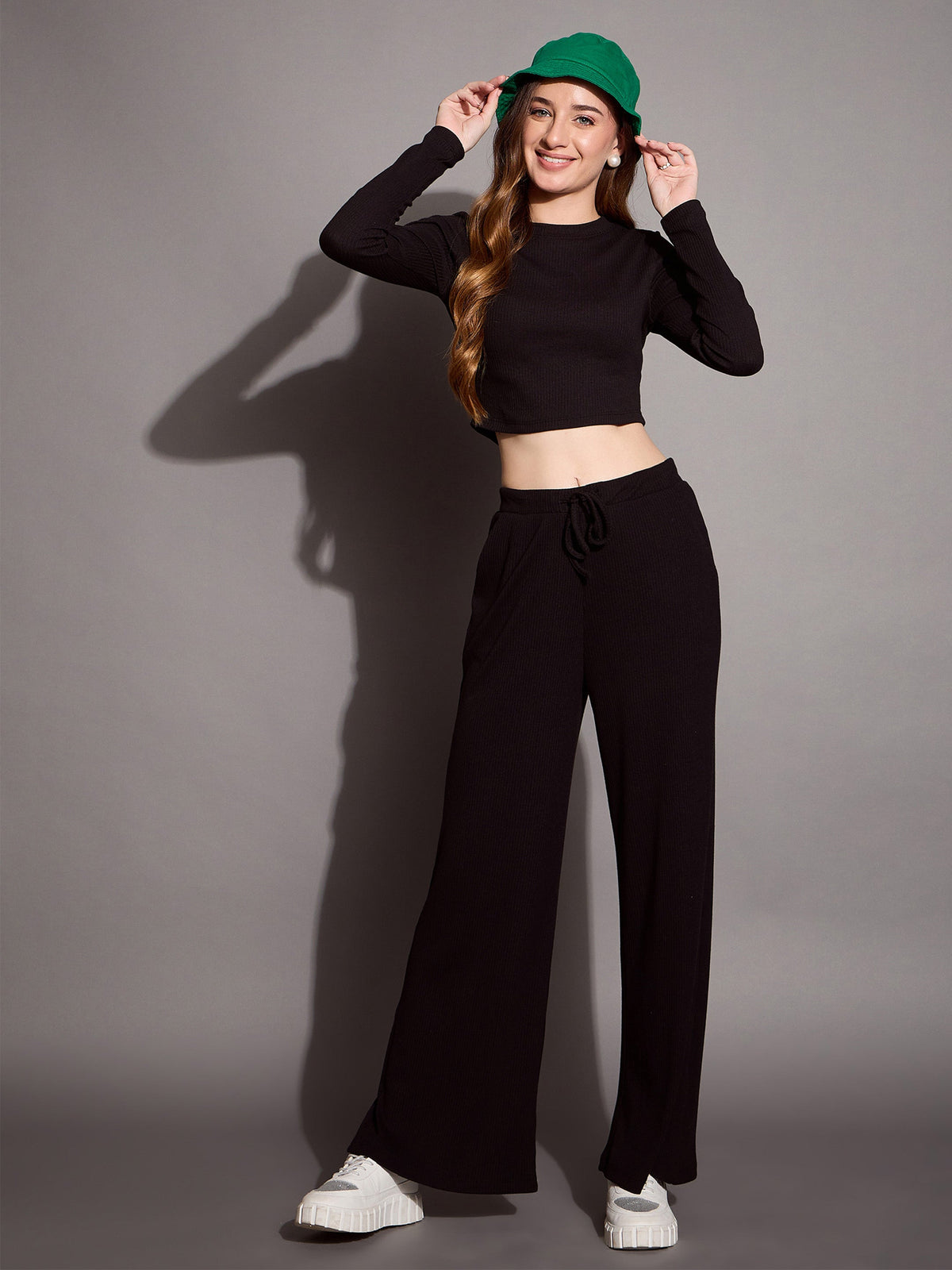 Black Rib Full Sleeve Crop Top With Drawstring Pants-SASSAFRAS BASICS