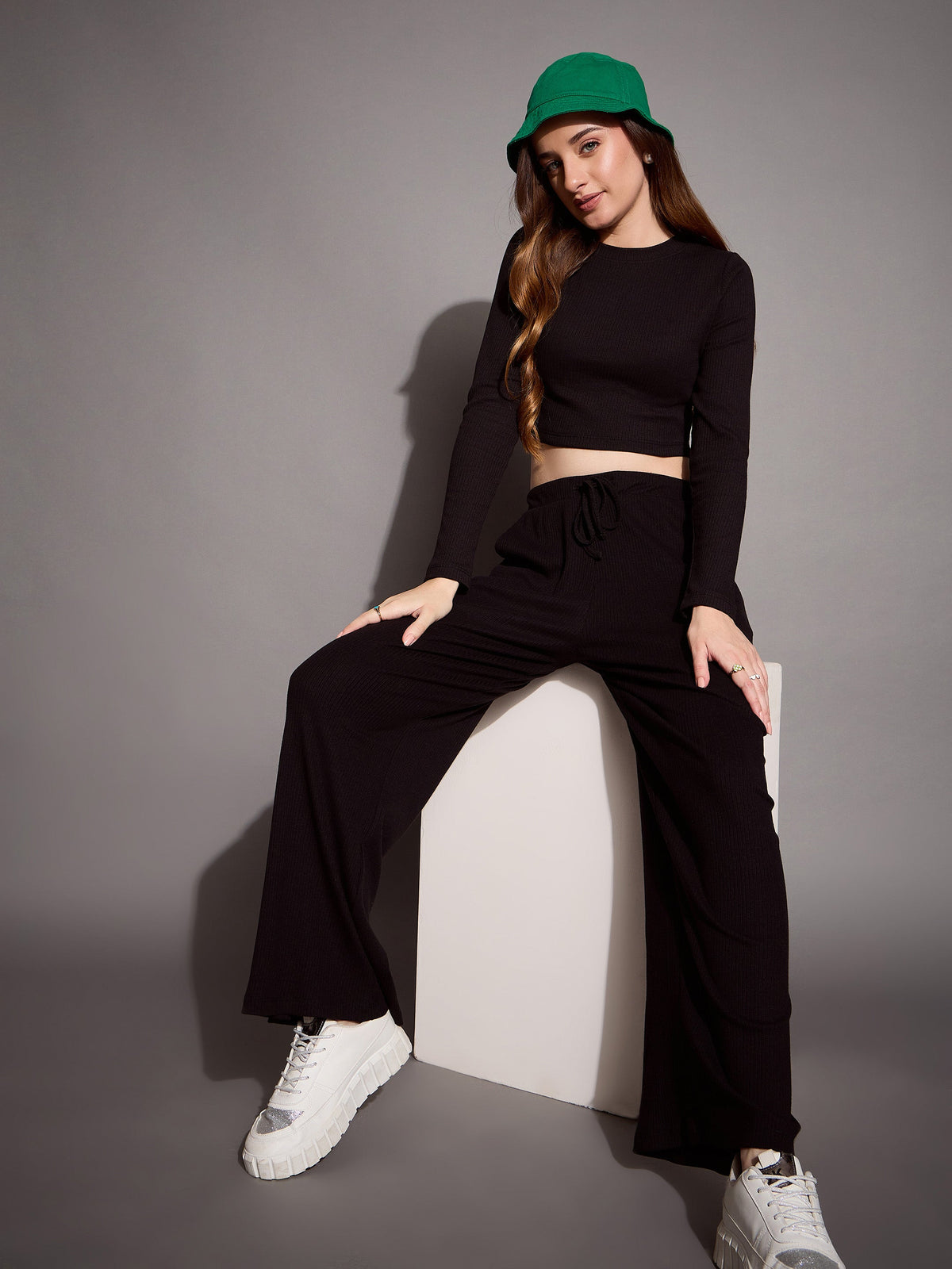 Black Rib Full Sleeve Crop Top With Drawstring Pants-SASSAFRAS BASICS