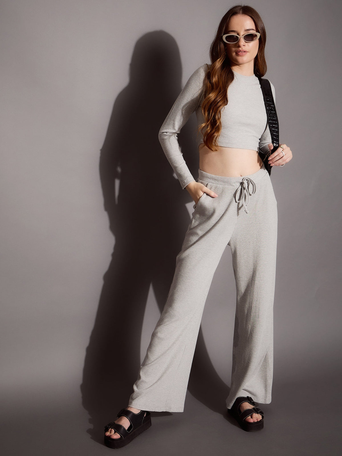 Grey Melange Full Sleeve Crop Top With Drawstring Pants-SASSAFRAS BASICS