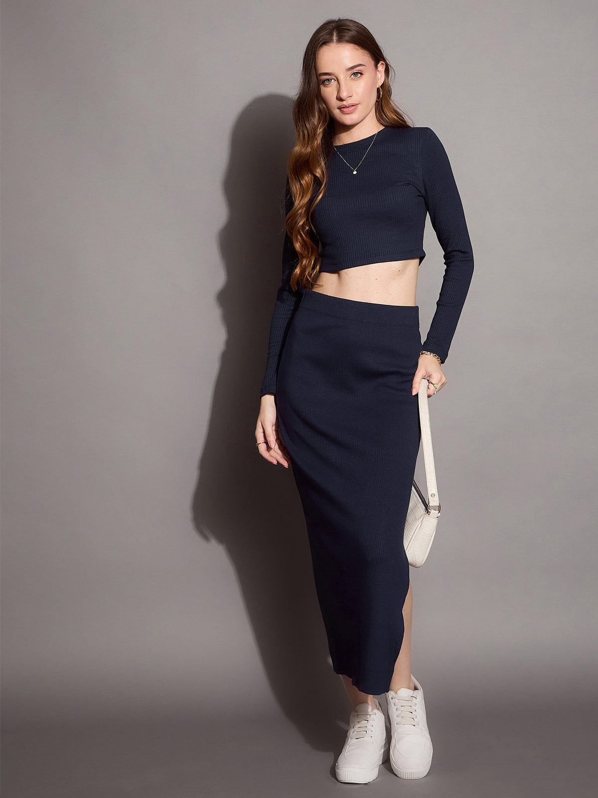 Navy Rib Full Sleeve Crop Top With Pencil Skirt-SASSAFRAS BASICS