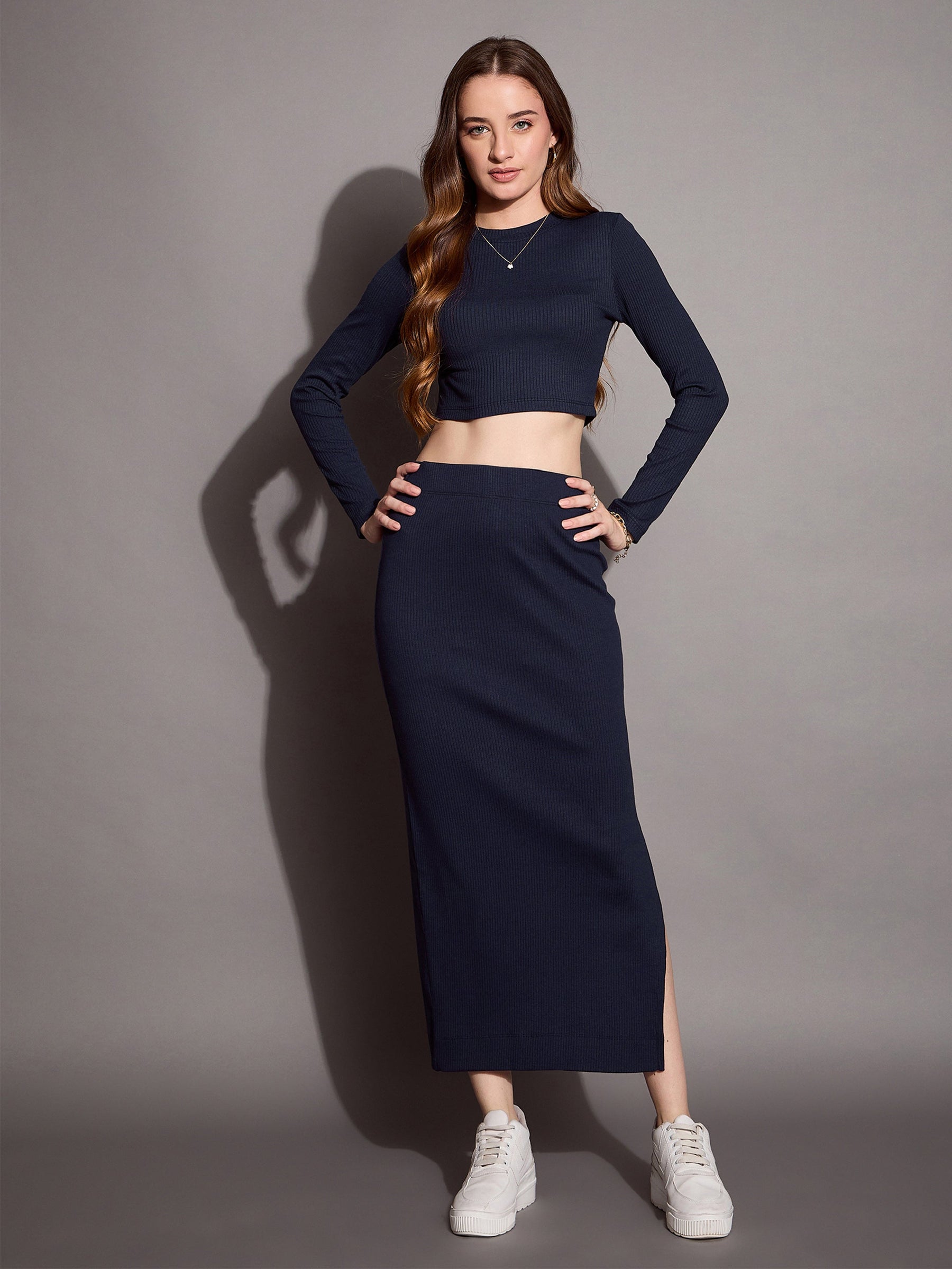 Navy Rib Full Sleeve Crop Top With Pencil Skirt-SASSAFRAS BASICS