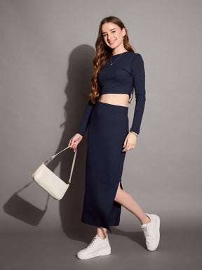 Navy Rib Full Sleeve Crop Top With Pencil Skirt-SASSAFRAS BASICS