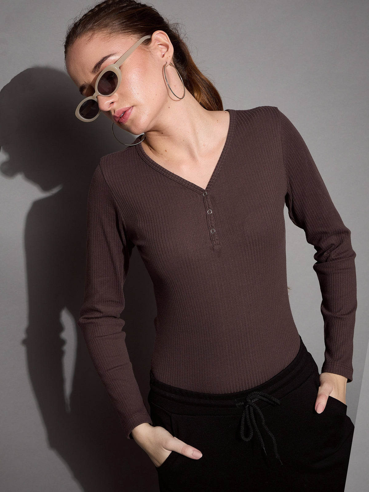 Brown Rib V-Neck Full Sleeves Top-SASSAFRAS BASICS