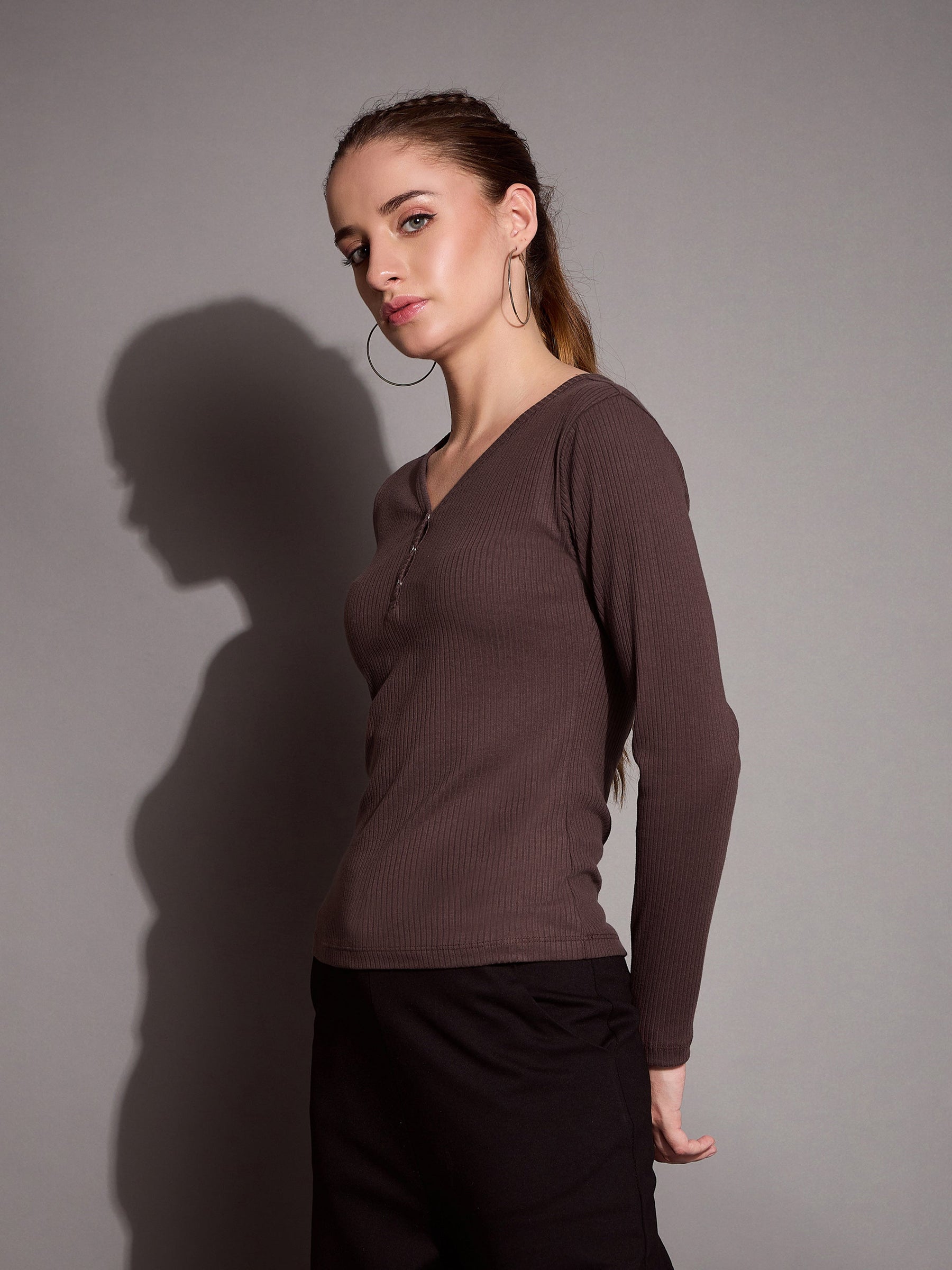 Brown Rib V-Neck Full Sleeves Top-SASSAFRAS BASICS