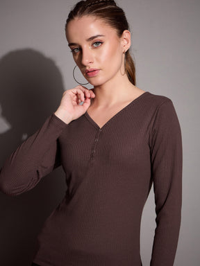 Women Brown Rib V-Neck Full Sleeves Top - Main Image