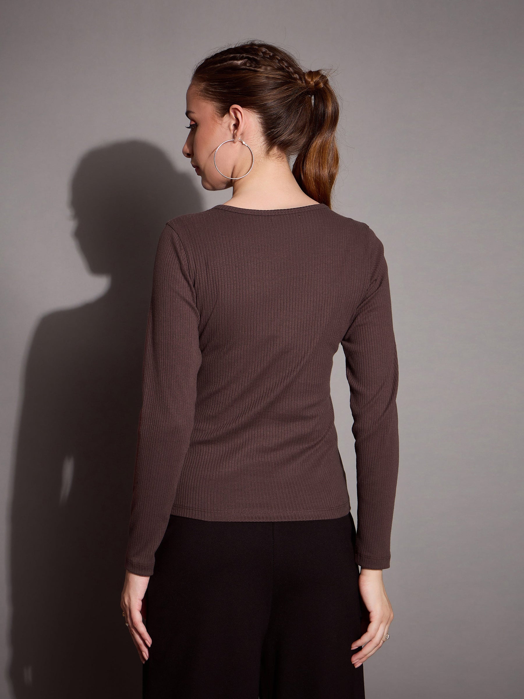 Brown Rib V-Neck Full Sleeves Top-SASSAFRAS BASICS