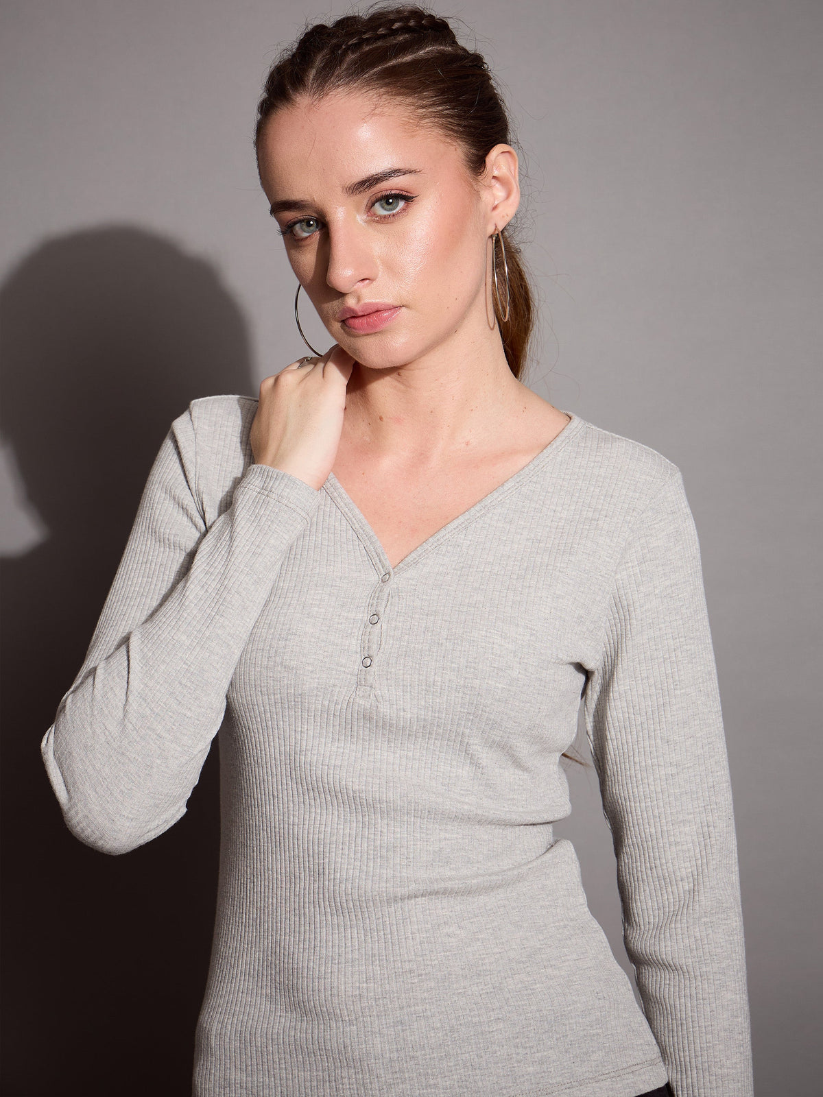 Grey Melange Rib V-Neck Full Sleeves Top-SASSAFRAS BASICS