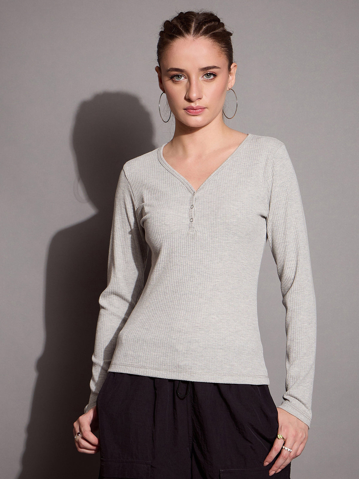 Grey Melange Rib V-Neck Full Sleeves Top-SASSAFRAS BASICS