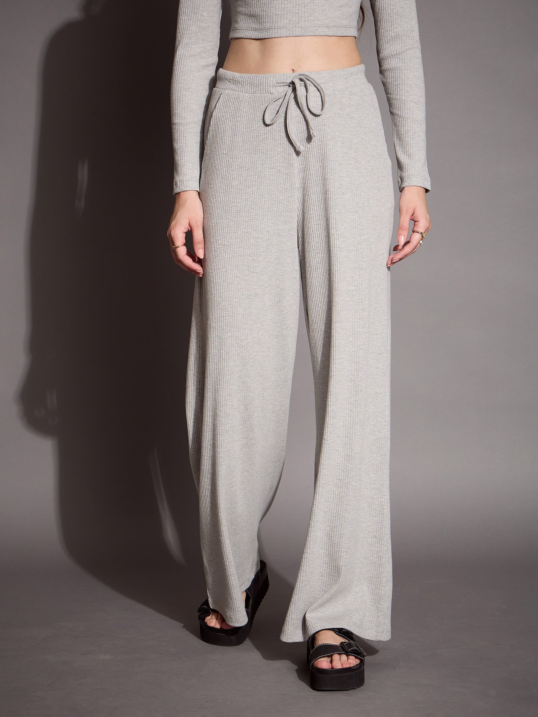 Grey Melange Full Sleeves Top With Drawstring Pants-SASSAFRAS BASICS