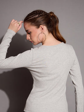 Grey Melange Full Sleeves Top With Drawstring Pants-SASSAFRAS BASICS