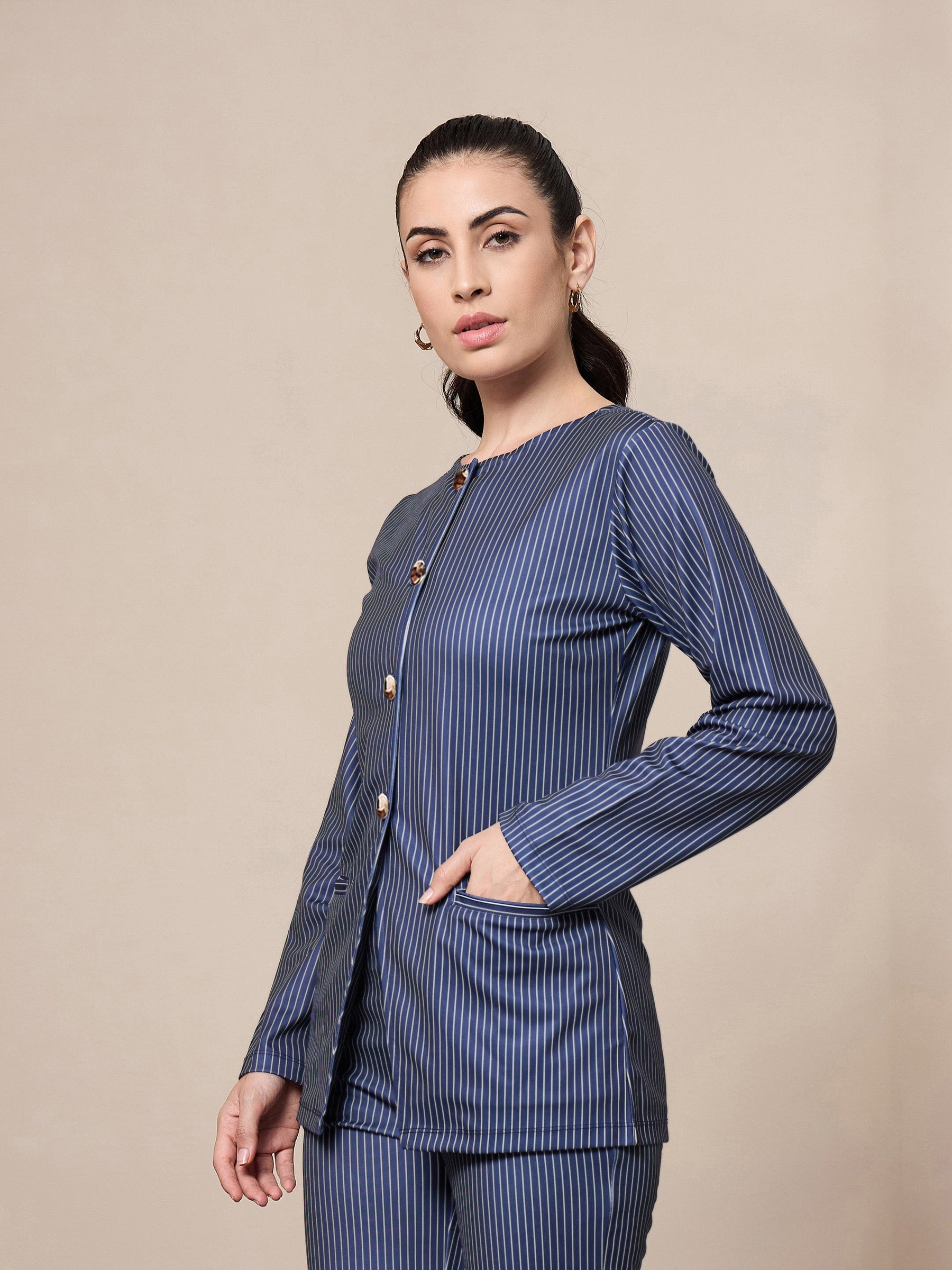 Navy Striped Round Neck Full Sleeve Top-SASSAFRAS worklyf