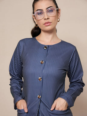 Navy Striped Round Neck Full Sleeve Top-SASSAFRAS worklyf