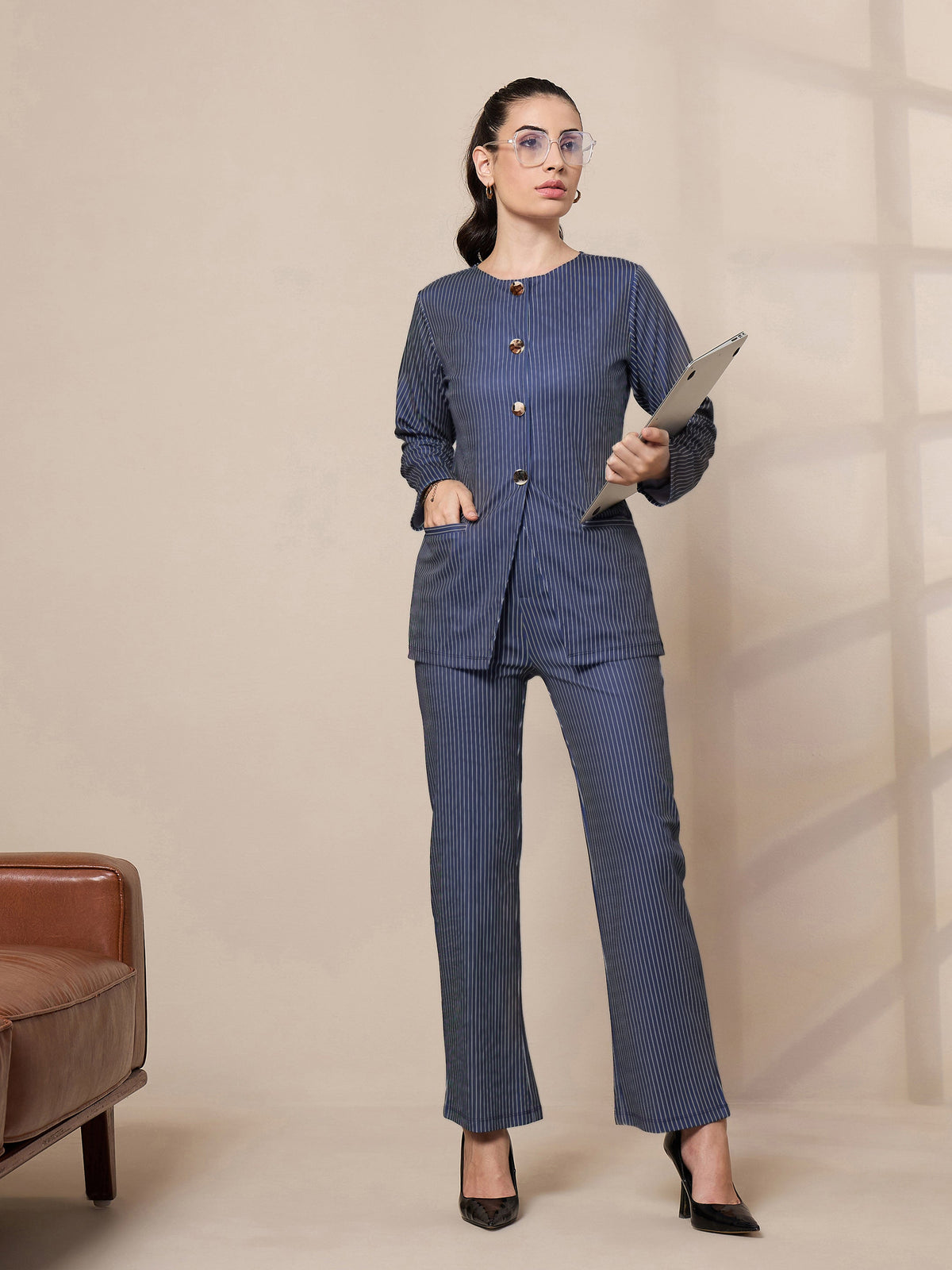 Navy Striped Round Neck Full Sleeve Top With Straigh Trousers-SASSAFRAS worklyf