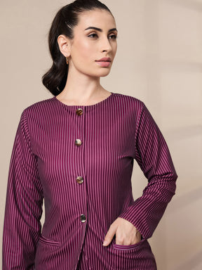 Maroon Stripe Round Neck Full Sleeve Top-SASSAFRAS worklyf