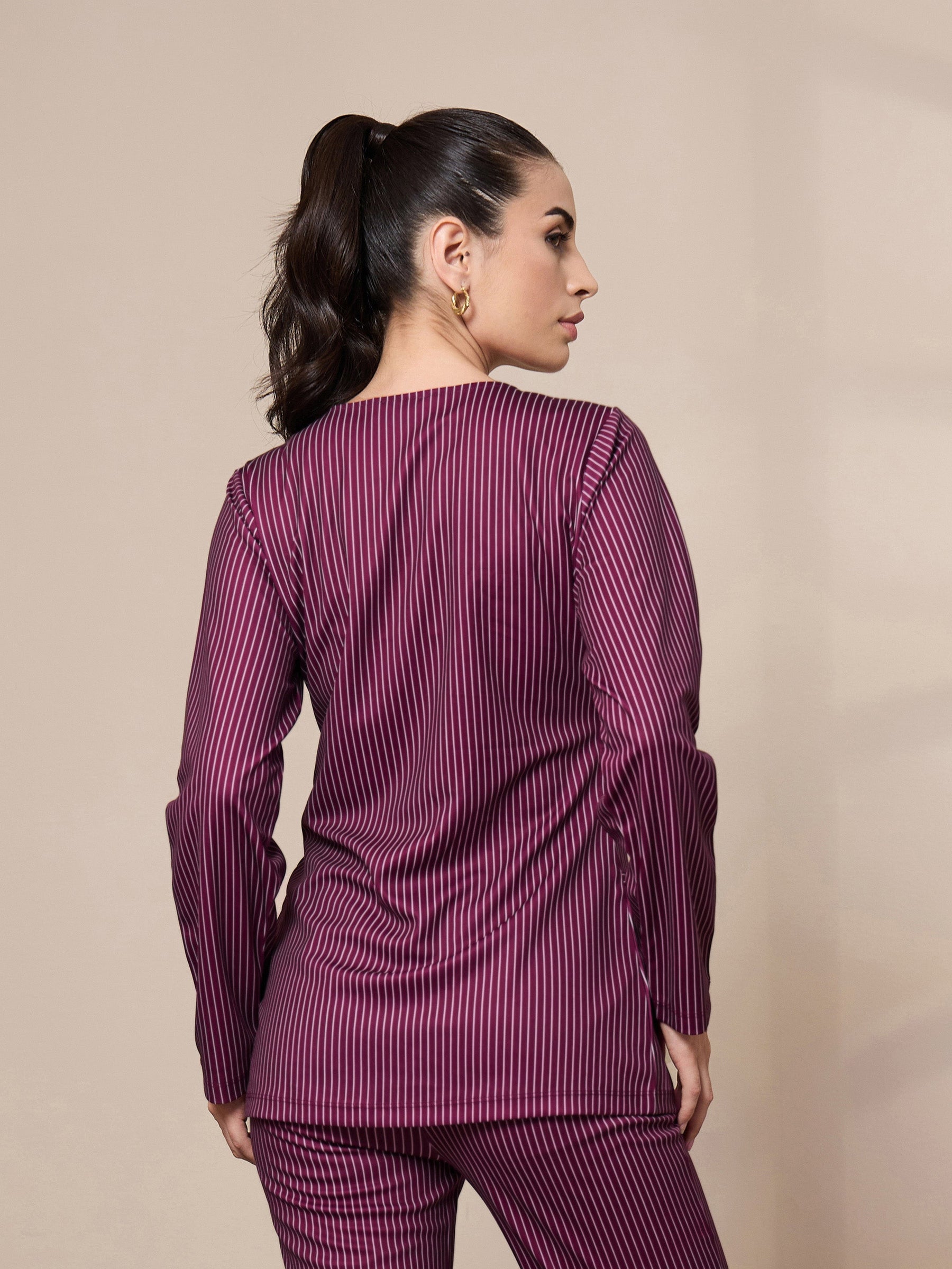 Maroon Stripe Round Neck Full Sleeve Top-SASSAFRAS worklyf