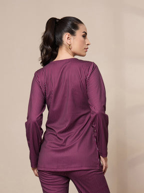 Maroon Stripe Round Neck Full Sleeve Top-SASSAFRAS worklyf