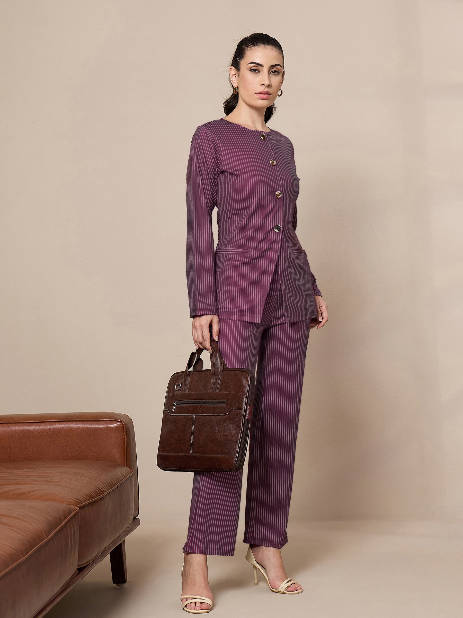 Maroon Striped Round Neck Full Sleeve Top With Straigh Trousers-SASSAFRAS worklyf