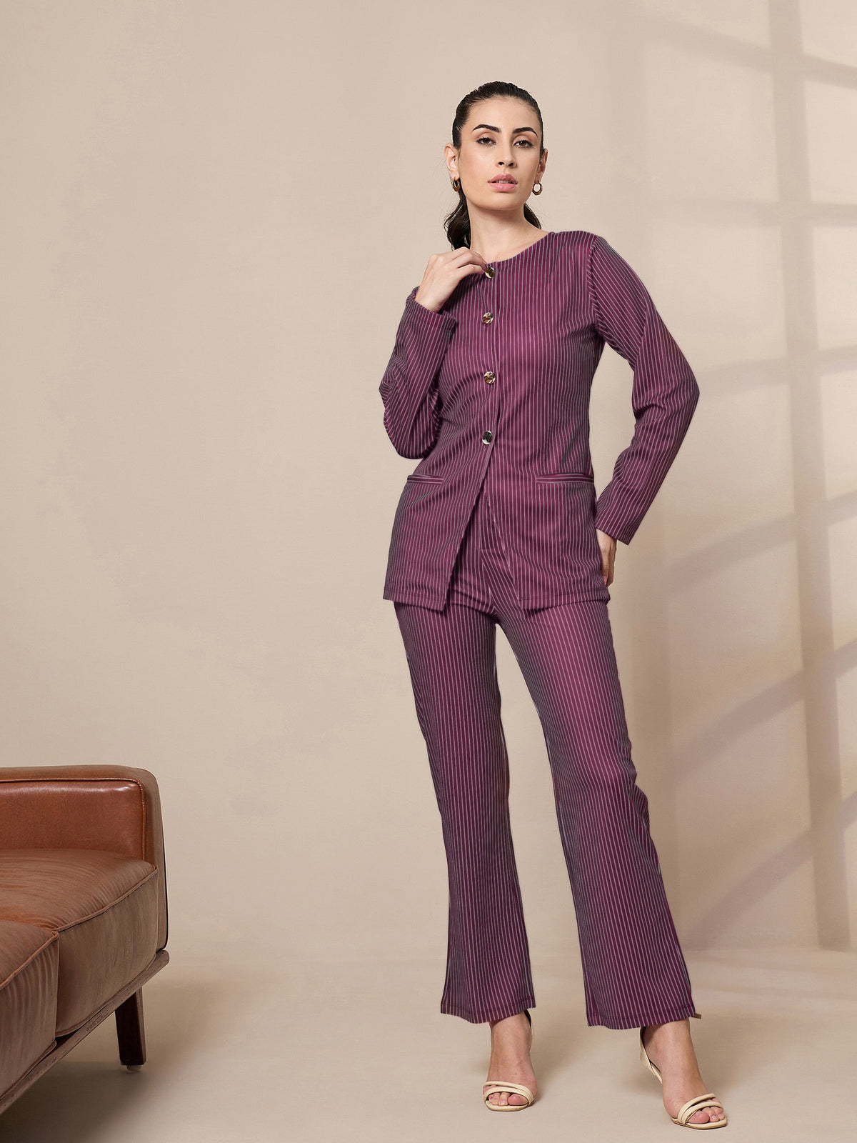 Maroon Striped Round Neck Full Sleeve Top With Straigh Trousers-SASSAFRAS worklyf