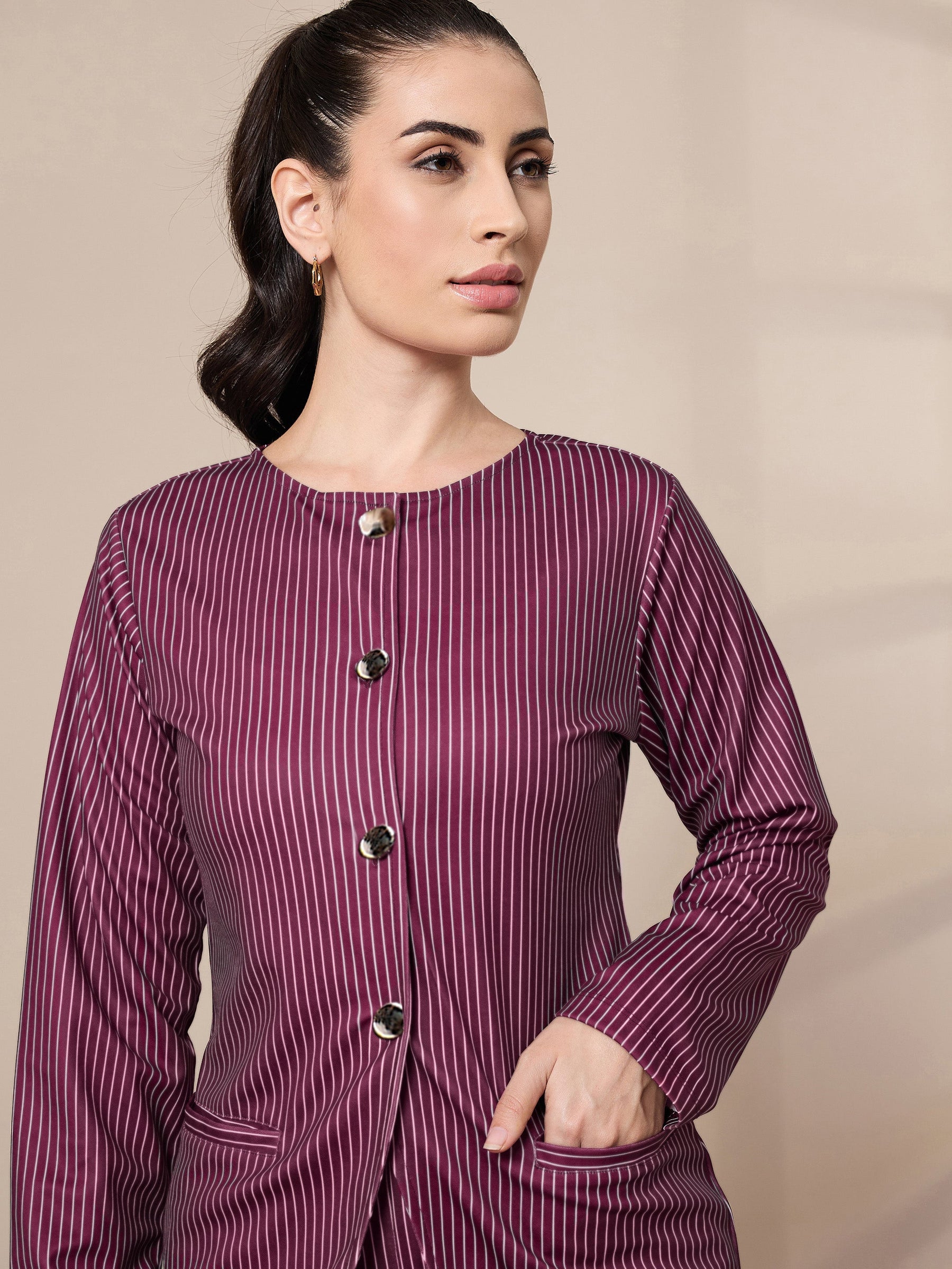 Maroon Striped Round Neck Full Sleeve Top With Straigh Trousers-SASSAFRAS worklyf