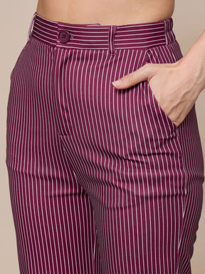 Maroon Striped Round Neck Full Sleeve Top With Straigh Trousers-SASSAFRAS worklyf