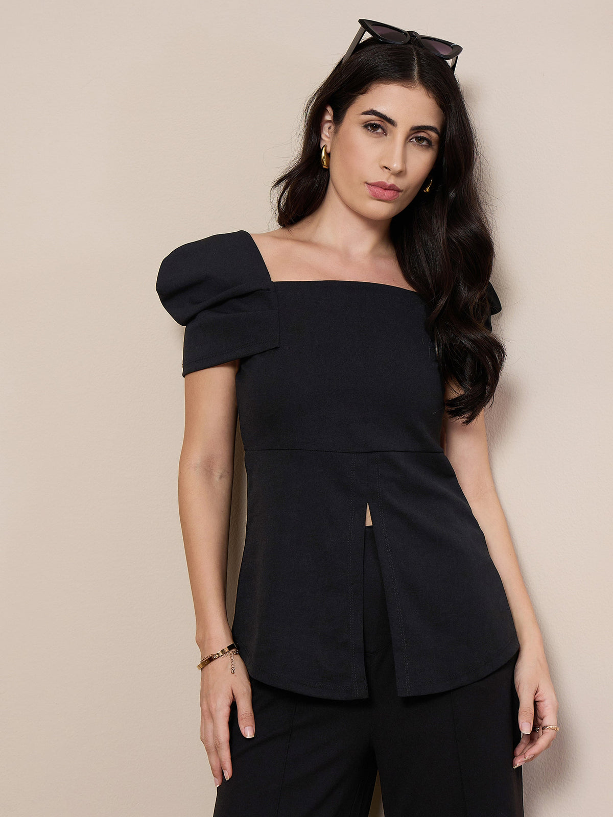 Black Square Neck Peplum Top-SASSAFRAS worklyf