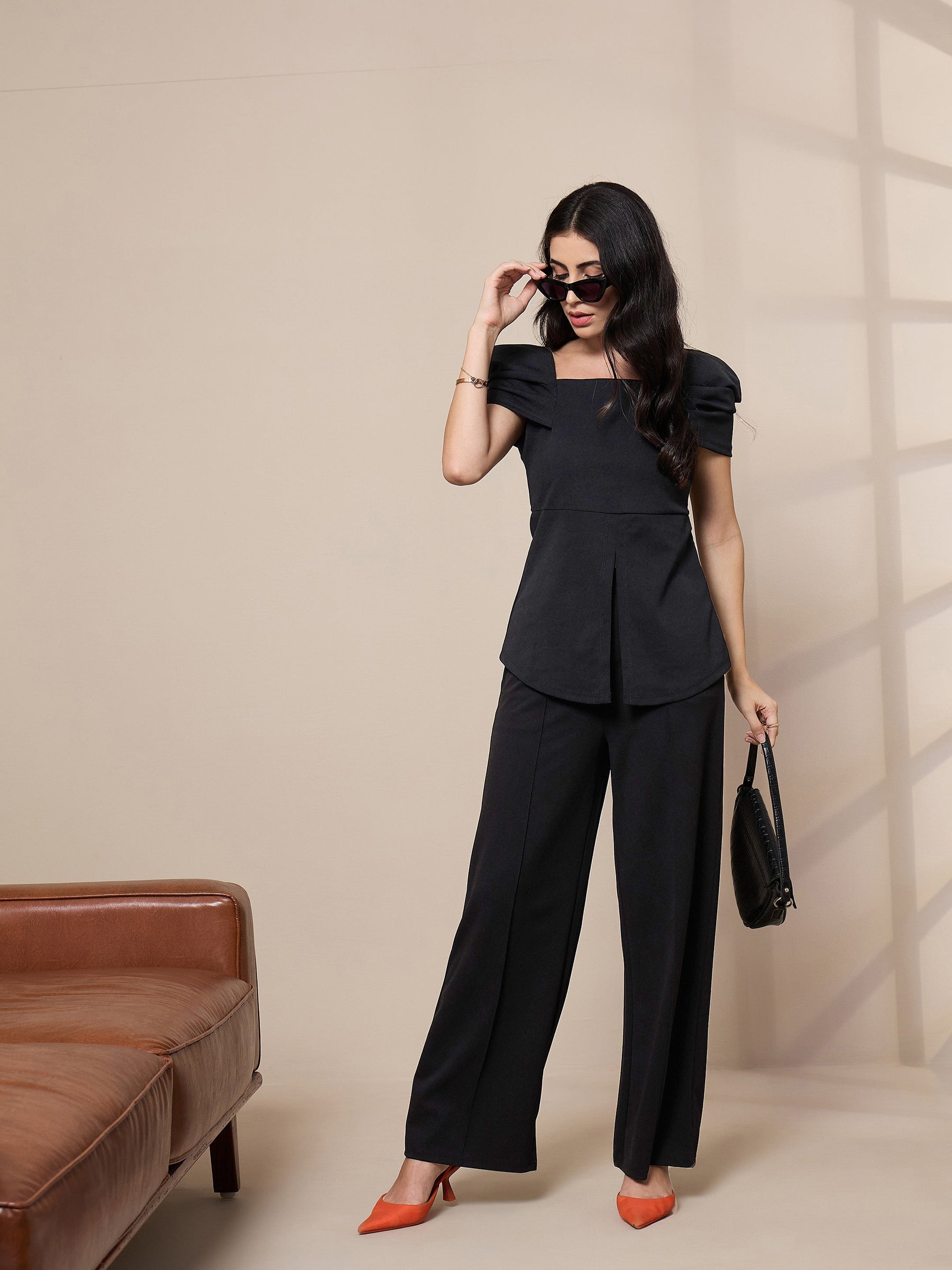 Black Square Neck Peplum Top-SASSAFRAS worklyf