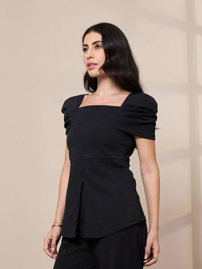 Black Square Neck Peplum Top-SASSAFRAS worklyf