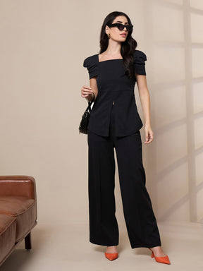 Black Square Neck Peplum Top With Front Darted Elasticated Pants-SASSAFRAS worklyf