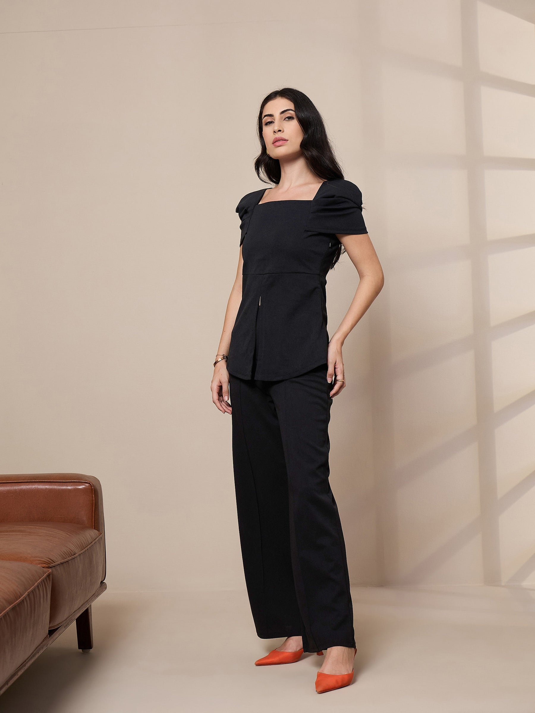 Black Square Neck Peplum Top With Front Darted Elasticated Pants-SASSAFRAS worklyf