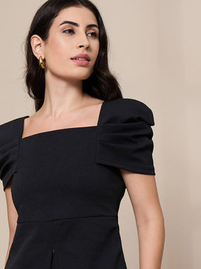 Black Square Neck Peplum Top With Front Darted Elasticated Pants-SASSAFRAS worklyf