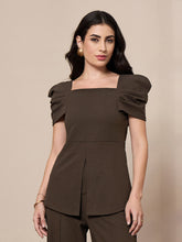 Brown Square Neck Peplum Top-SASSAFRAS worklyf