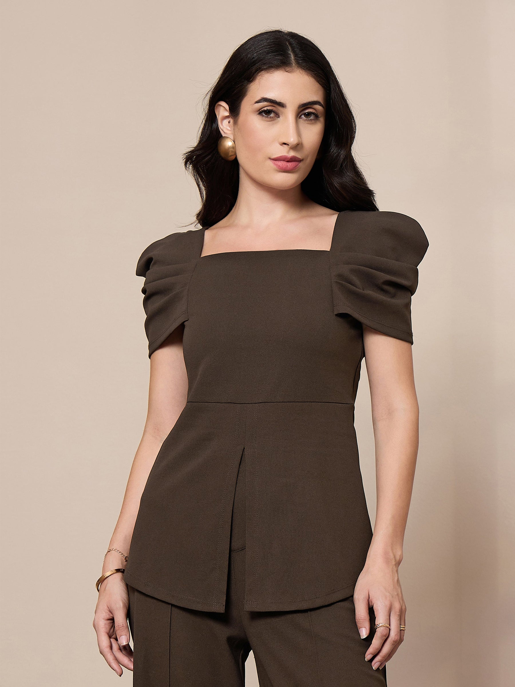 Brown Square Neck Peplum Top-SASSAFRAS worklyf