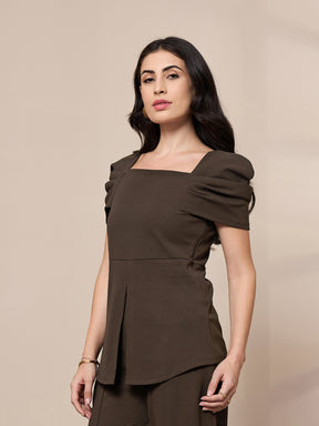 Brown Square Neck Peplum Top-SASSAFRAS worklyf