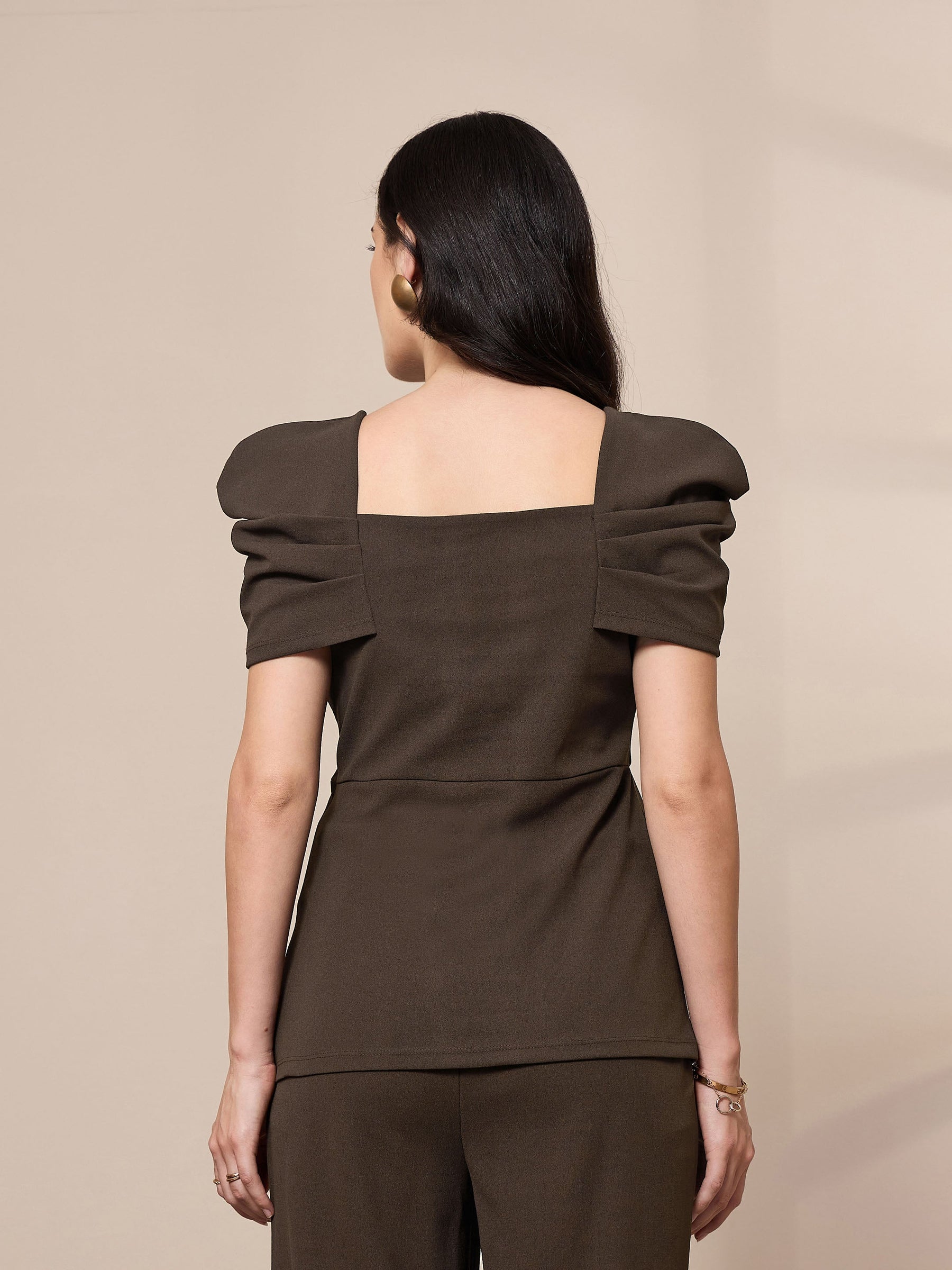 Brown Square Neck Peplum Top-SASSAFRAS worklyf