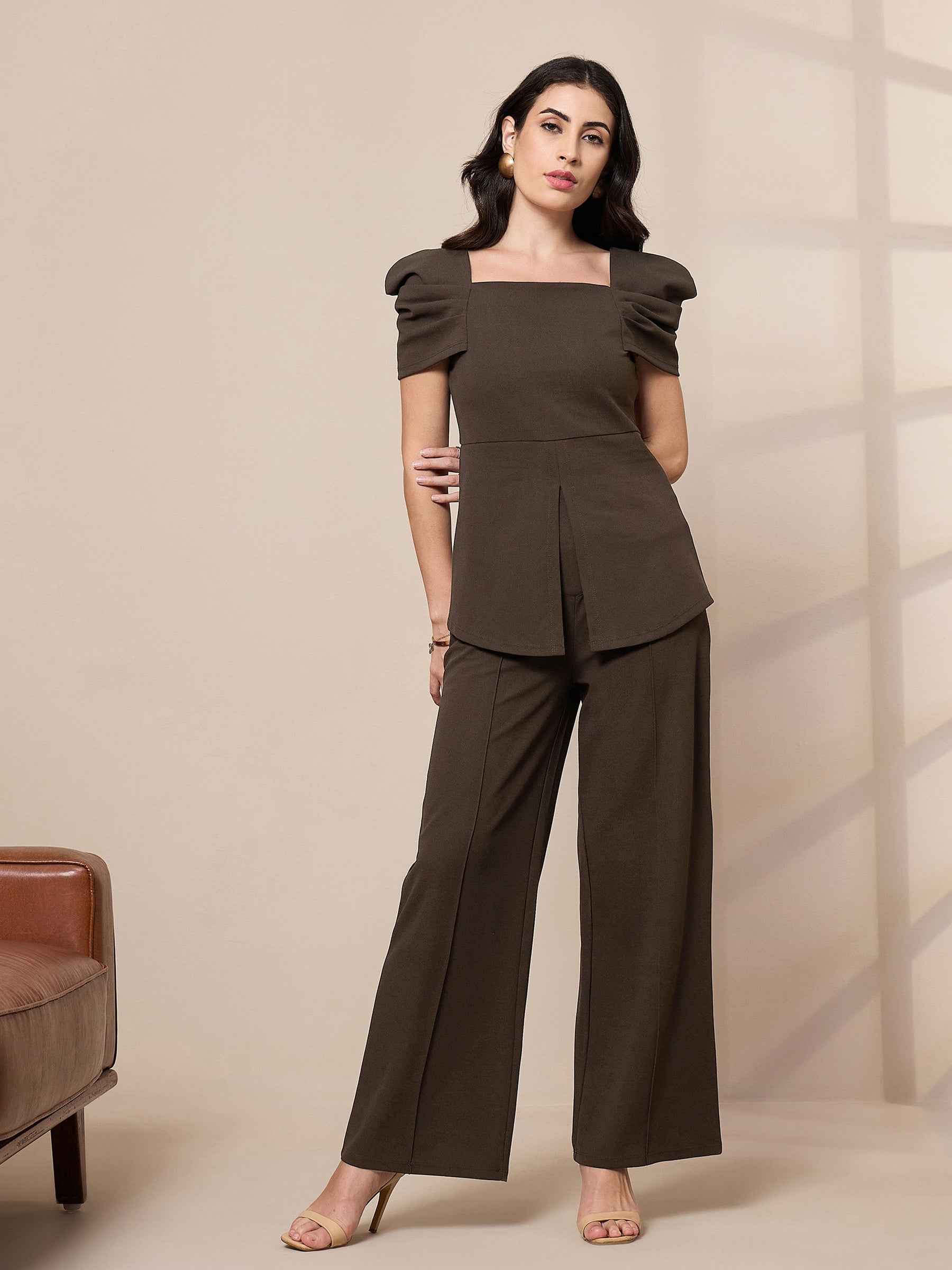 Brown Square Neck Peplum Top With Front Darted Elasticated Pants-SASSAFRAS worklyf