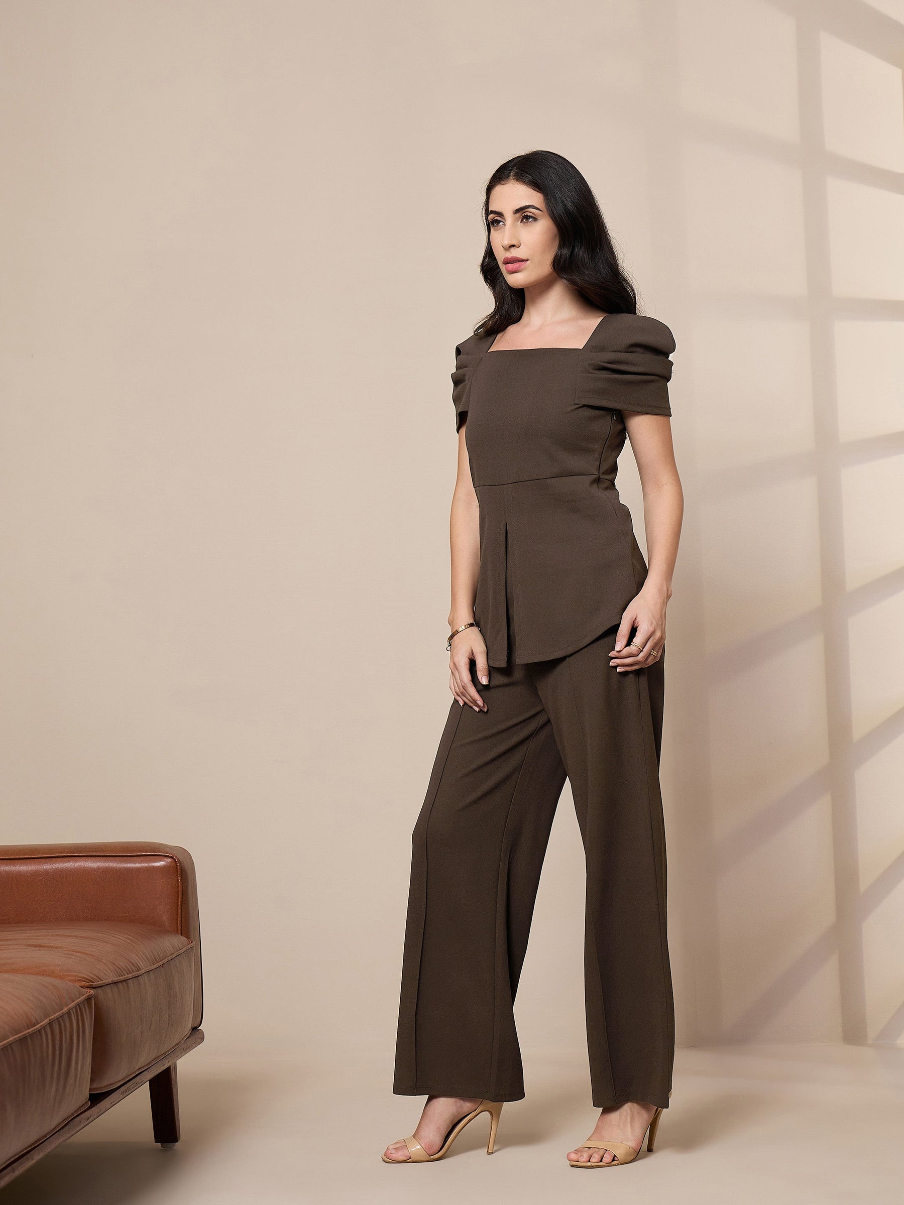 Brown Square Neck Peplum Top With Front Darted Elasticated Pants-SASSAFRAS worklyf