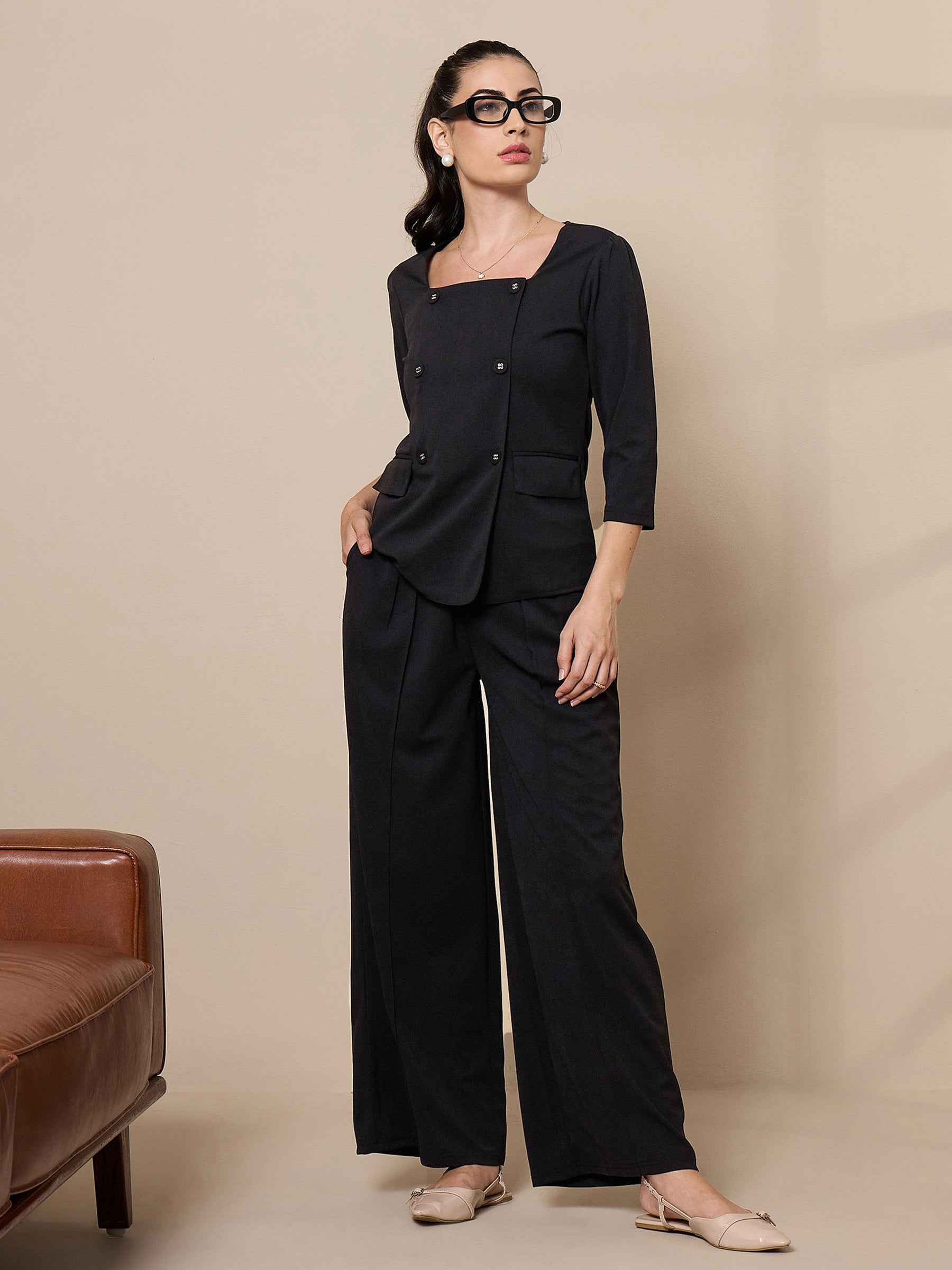 Black Square Neck Top With Wide Leg Pants-SASSAFRAS worklyf