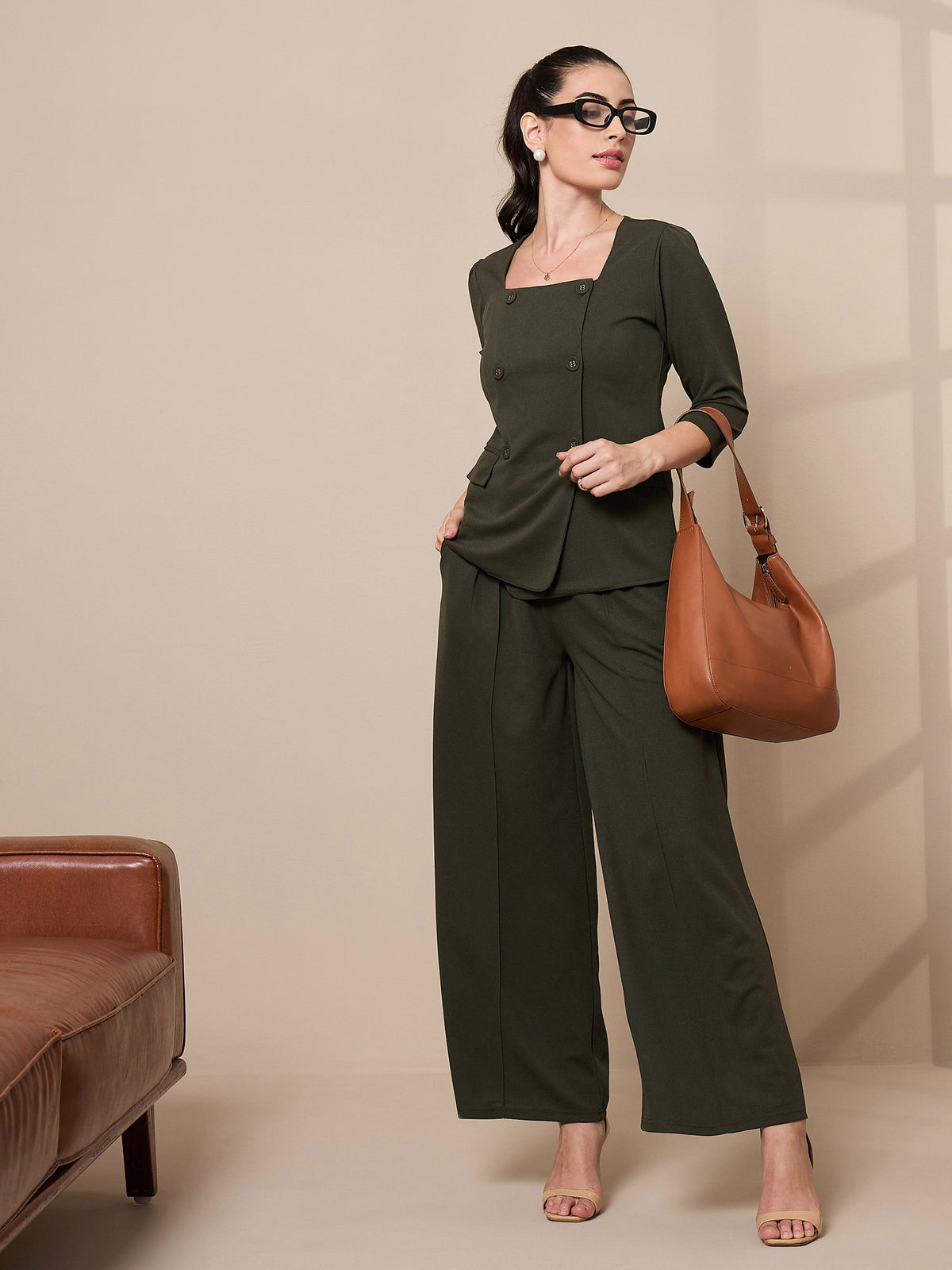 Olive Square Neck Top With Wide Leg Pants-SASSAFRAS worklyf